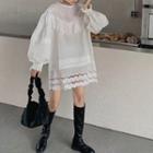 Round-neck Cut-off Ruffle Hem Long-sleeve Dress White - One Size