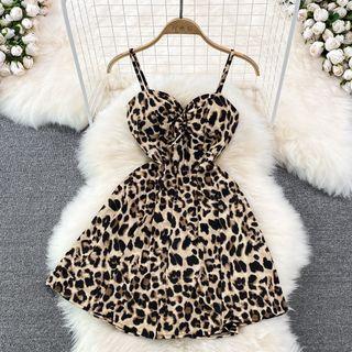 Spaghetti Strap Leopard A-line Mini Dress