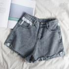 Lettering Frayed Washed Denim Shorts