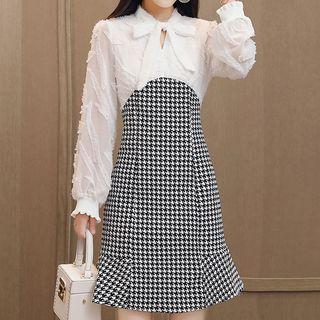 Long-sleeve Houndstooth Panel Mini Dress