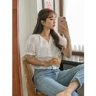 Puff-sleeve Eyelet-lace Peplum Blouse One Size