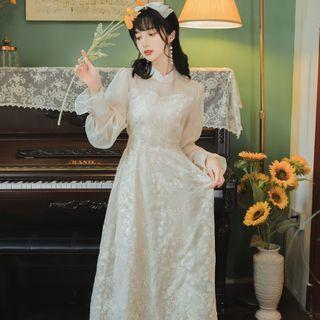 Mandarin Collar Lantern-sleeve Midi A-line Dress