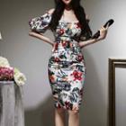 Set: Short-sleeve Floral Top + Pencil Skirt