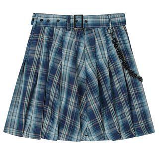 High-waist Plaid Accordion Pleat Skirt With Chain & Belt