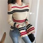 Bell-sleeve Cold-shoulder Contrast Trim Knit Top Almond - One Size