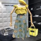 Set: Sleeveless Top + Pineapple Print A-line Midi Skirt