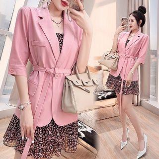 Set: Elbow-sleeve Single Breasted Blazer + Spaghetti Strap Printed A-line Mini Dress