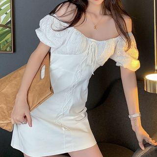 Puff-sleeve Lace-up Mini Sheath Dress