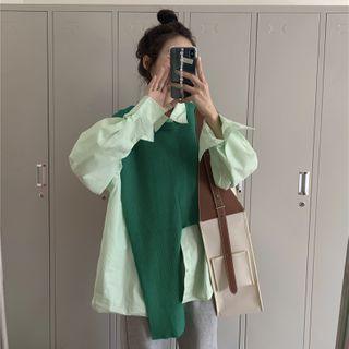 Irregular Knit Vest + Long-sleeve Loose-fit Blouse