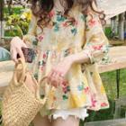 Elbow-sleeve Floral Print Loose-fit Blouse