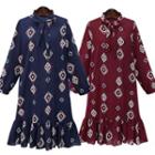 Patterned Long Sleeve Midi Chiffon Dress