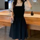 Balloon-sleeve Sequined A-line Dress Black - One Size