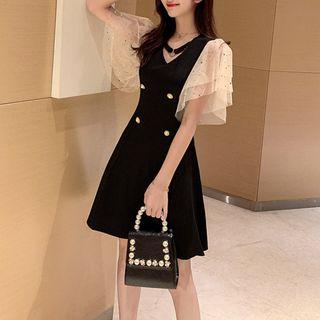 Sequined Mesh Panel Short-sleeve A-line Dress