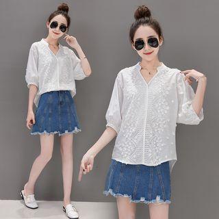Elbow-sleeve Embroidered Notch-neck Blouse