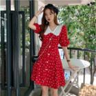 Elbow-sleeve Wide Collar Patterned A-line Mini Dress