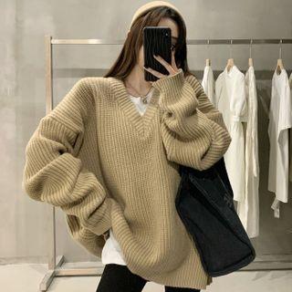 V-neck Long-sleeve Sweater Almond - One Size