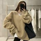 V-neck Long-sleeve Sweater Almond - One Size