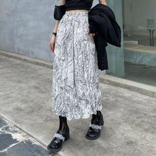 Elastic-waist Tie-dyed Midi Skirt White - One Size
