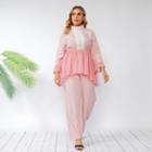 Plus Size Set: Long Sleeve Lace Panel Stand Collar Blouse + Wide Leg Pants