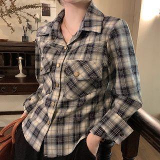 Open Collar Plaid Shirt Plaid - Gray & White - One Size