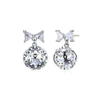 925 Sterling Silver Romantic Elegant Exquisit Hollow Out Flower Ball And Bowknot Earrings And Ear Studs With Cubic Zircon Silver - One Size