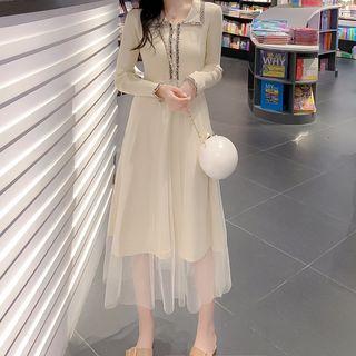 Fray Trim Mesh Panel Knit Dress