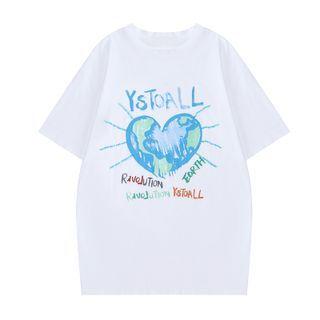 Short-sleeve Heart Print Lettering T-shirt White - One Size