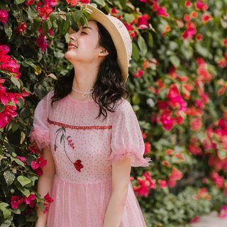 Puff-sleeve Mesh Overlay A-line Midi Dress
