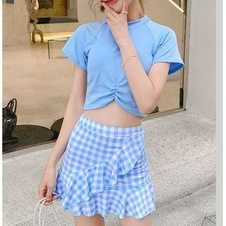 Set: Short-sleeve Swim Top + Gingham Swim Skirt