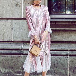 3/4-sleeve Mesh Panel Sheath Midi Dress