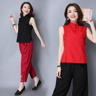 Mandarin Collar Frog Button Sleeveless Top