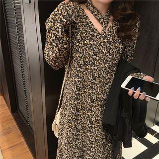 Long-sleeve Tie-neck Floral Printed Dress As Shown In Figure - One Size