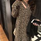 Long-sleeve Tie-neck Floral Printed Dress As Shown In Figure - One Size