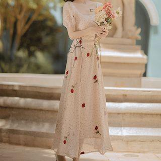 Short-sleeve Dot Print Square-neck Midi Dress