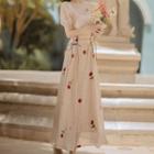 Short-sleeve Dot Print Square-neck Midi Dress