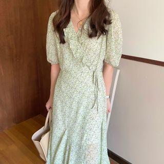 Short-sleeve Floral Ruffle Trim Wrapped Dress