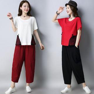Wide-leg Cropped Pants / Short-sleeve Embroidered Top