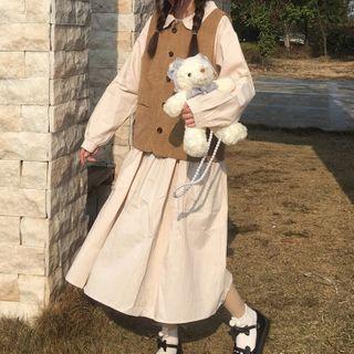 Buttoned Vest / Long-sleeve Midi A-line Dress