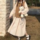 Buttoned Vest / Long-sleeve Midi A-line Dress