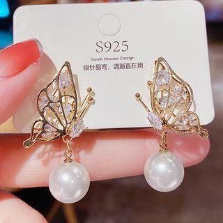 Butterfly Faux Pearl Faux Crystal Dangle Earring E0411 - 1 Pair - White - One Size