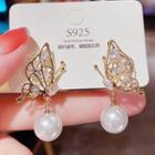Butterfly Faux Pearl Faux Crystal Dangle Earring E0411 - 1 Pair - White - One Size