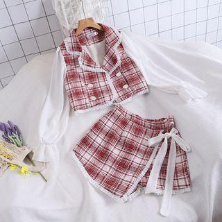 Set Of 2: Plaid Double-breasted Bolero Jacket + Plaid Elastic-waist Shorts