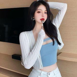 Cutout Tube Top / Cropped Light Knit Cardigan