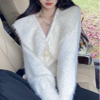 Collared Fluffy Cardigan Almond - One Size