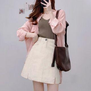 Long-sleeve Plain Shirt / Mini A-line Skirt / Set