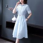 Lace Trim Short Sleeve Striped A-line Shirtdress