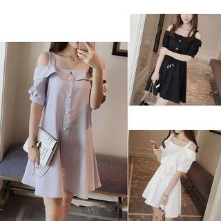 Off Shoulder Buttoned Elbow Sleeve Dress