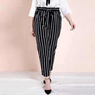 Plus Size Lace Up Stripe Crop Dress Pants