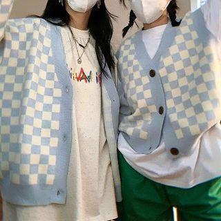 Check Print Cardigan Knit Vest