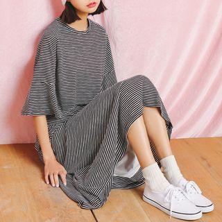 Set : Stripe Elbow-sleeve T-shirt + Midi Skirt